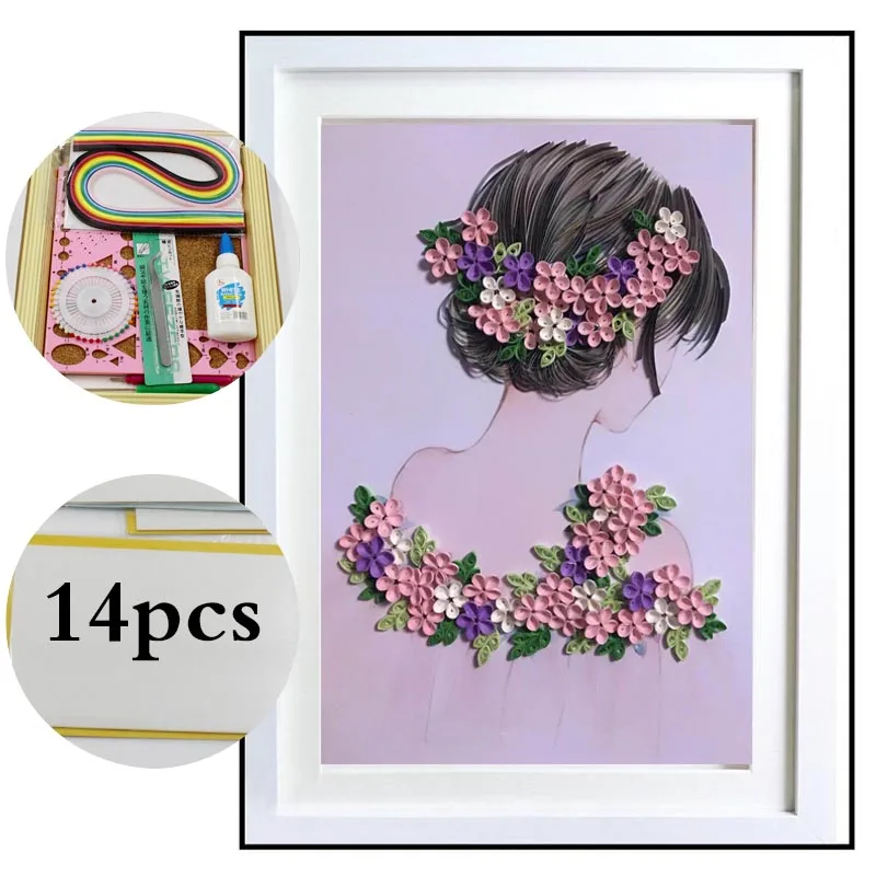 

16 colorful Quilling Paper Craft Kits 14Pcs Tool set Rolling Strips DIY Collection Home Decoration Back view girl
