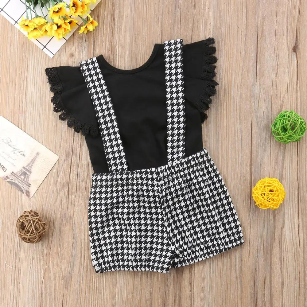 

Baby Girl Clothes Set Black Top+Black White Plaid Short Summer Cotton Vest Two-piece Short Sleeve Children Sets Kid Clothes 2019