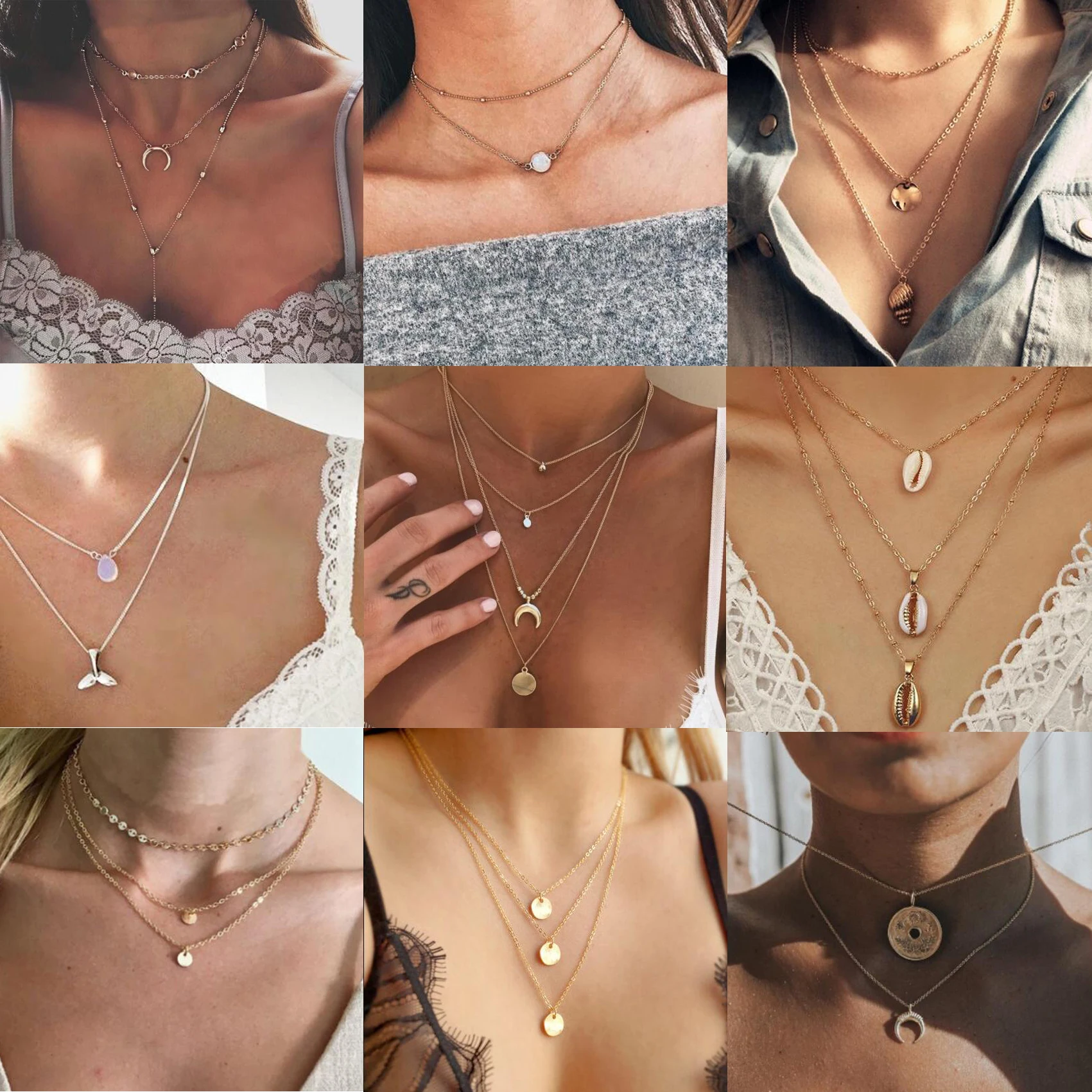 

Necklace For Women Sexy Fashion Pop Silver Gold Charm Necklace Collar Set Multilayer Necklace Beach Leaf Pearl Shell Bodomia