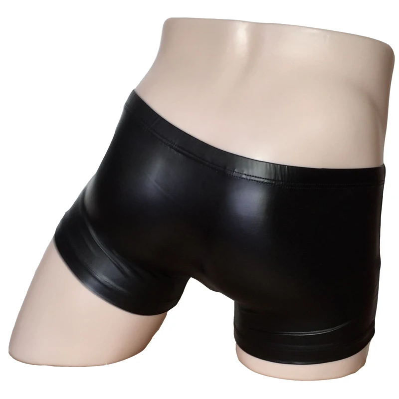 Men Faux Leather Wet Look Boxer Brief Detachable Bulge Pouch Shorts Underwear Lingerie