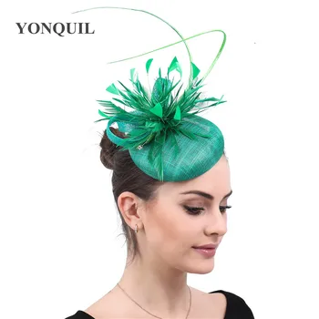 

Green fashion women hat chapeau cocktail wedding fascinator hats fancy feather decor gorgeous bride linen marry headpiece derby
