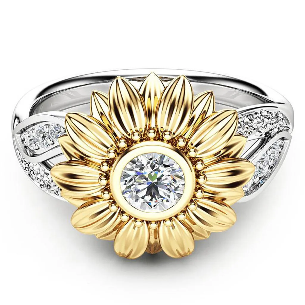 

Exquisite Women's Two Tone Silver Floral Ring Round Gold Sunflower Jewely rings for women anillos mujer harajuku #31435