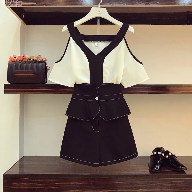 

2019 Fashion Summer Plus Size Two Piece Set Women Off Shoulder Blouse + Hight Waist Shorts Set Matching Suit Woman Clothes 4XL