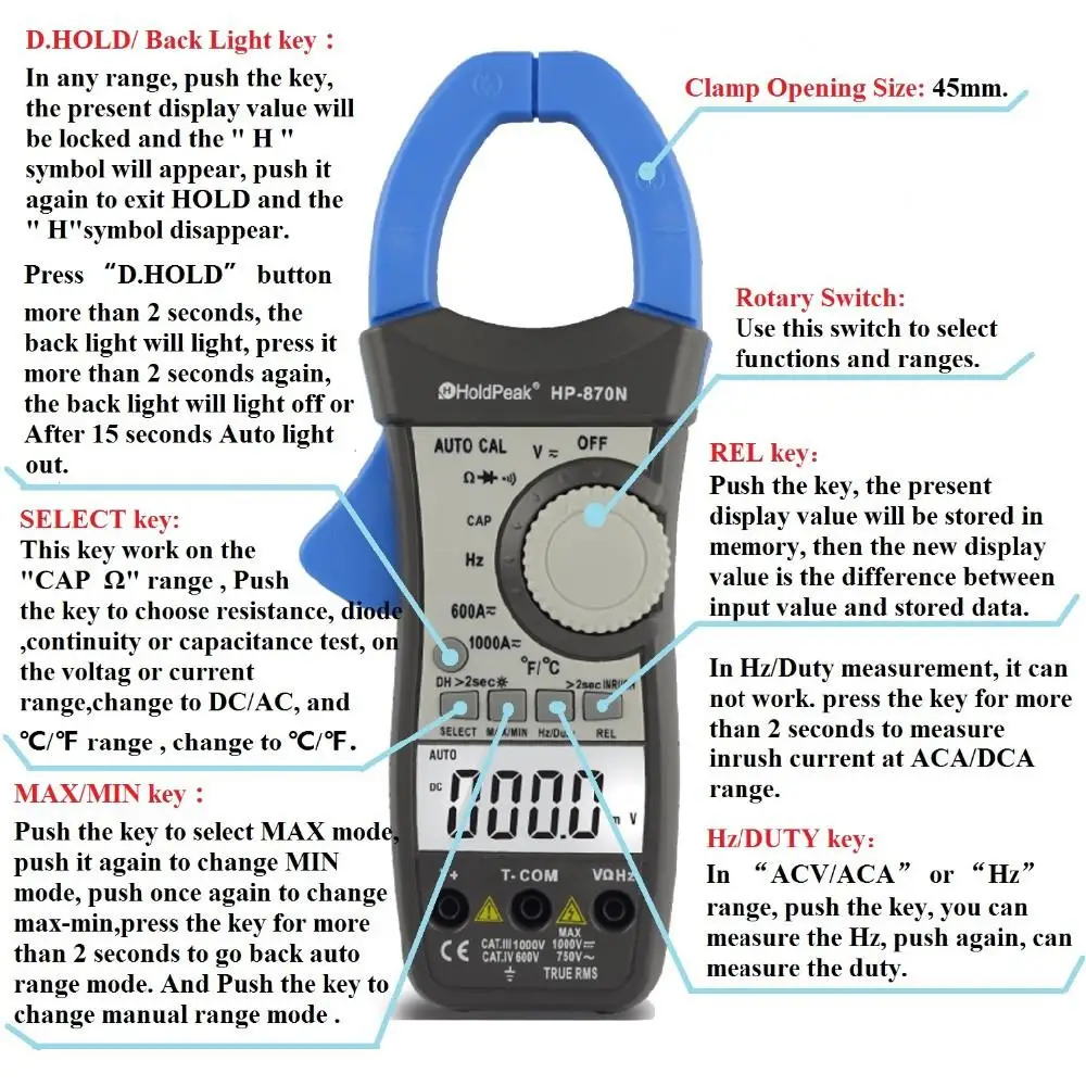 Holdpeak hp-870n Авто Диапазон AC DC Цифровой клещи мультиметр пинза amperimetrica amperimetro как True RMS частота Подсветка