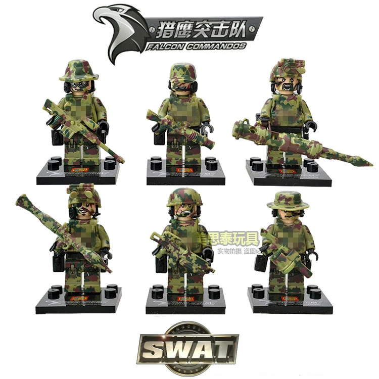 Goede 6 stks SWAT Militaire Falcon Commandoo Terroristische Politie Soldaten Marine Pilot Mortel SY11101 DIY Bouwstenen minifig Kinderen Speelgoed