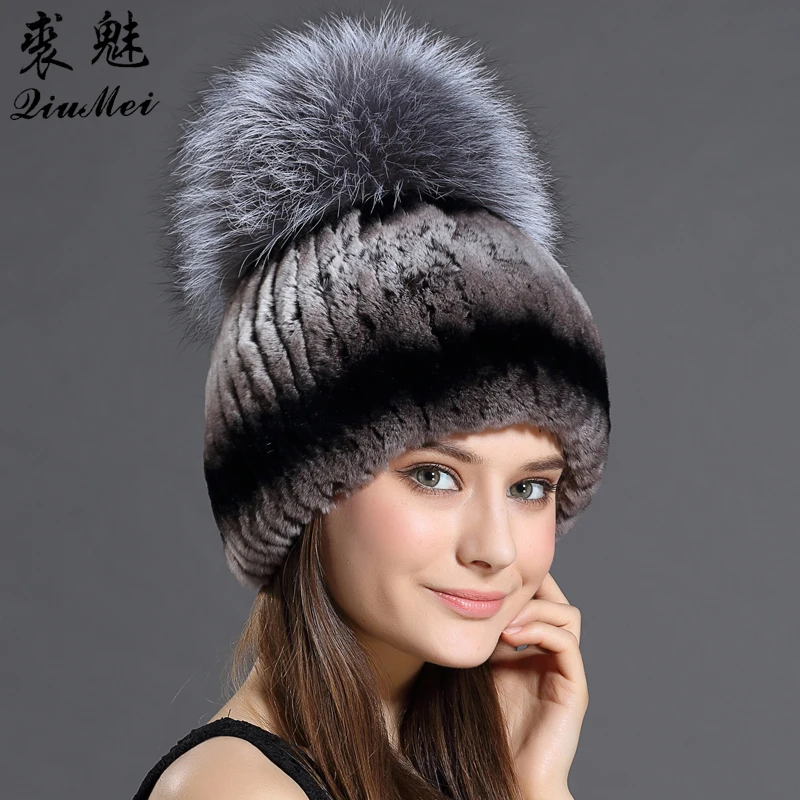 Fur Hat For Female With Luxury Fluffy Ball Russian Hats New Cold Winter