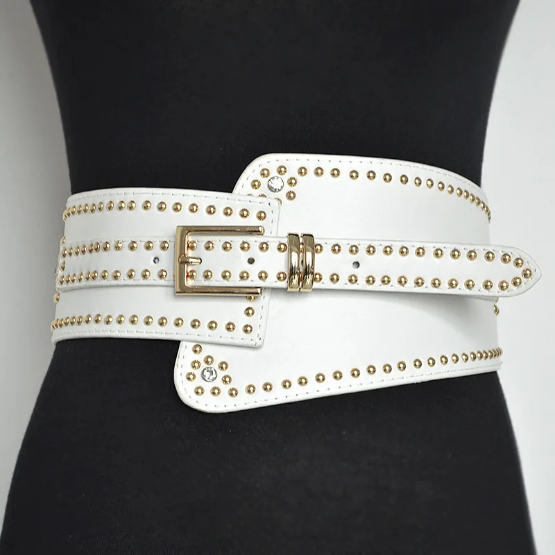 

Luxury ladies wide leather belt punk style rivet pin buckle belts designer PU elastic band belt Cool Bg-477