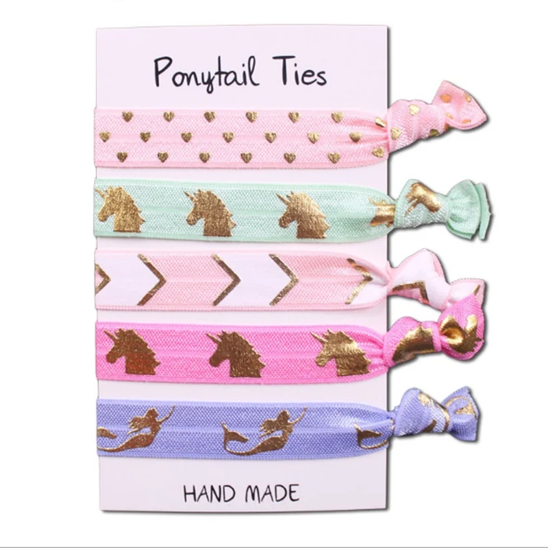 

5/8" mermaid FOE ties Unicorn printed Knotted Girl FOE Hair Ties Fold Over Elastic Hair Accessories 50pcs/lot(10 cards)