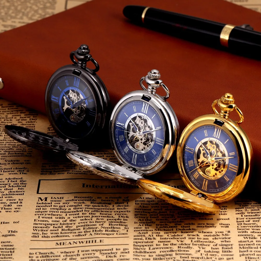 

Kronen Sohne Steampunk Skeleton Roman Mechanical Blue Pocket Watch Men Vintage Hand Winding Fob Watches Long Chain /KSP071