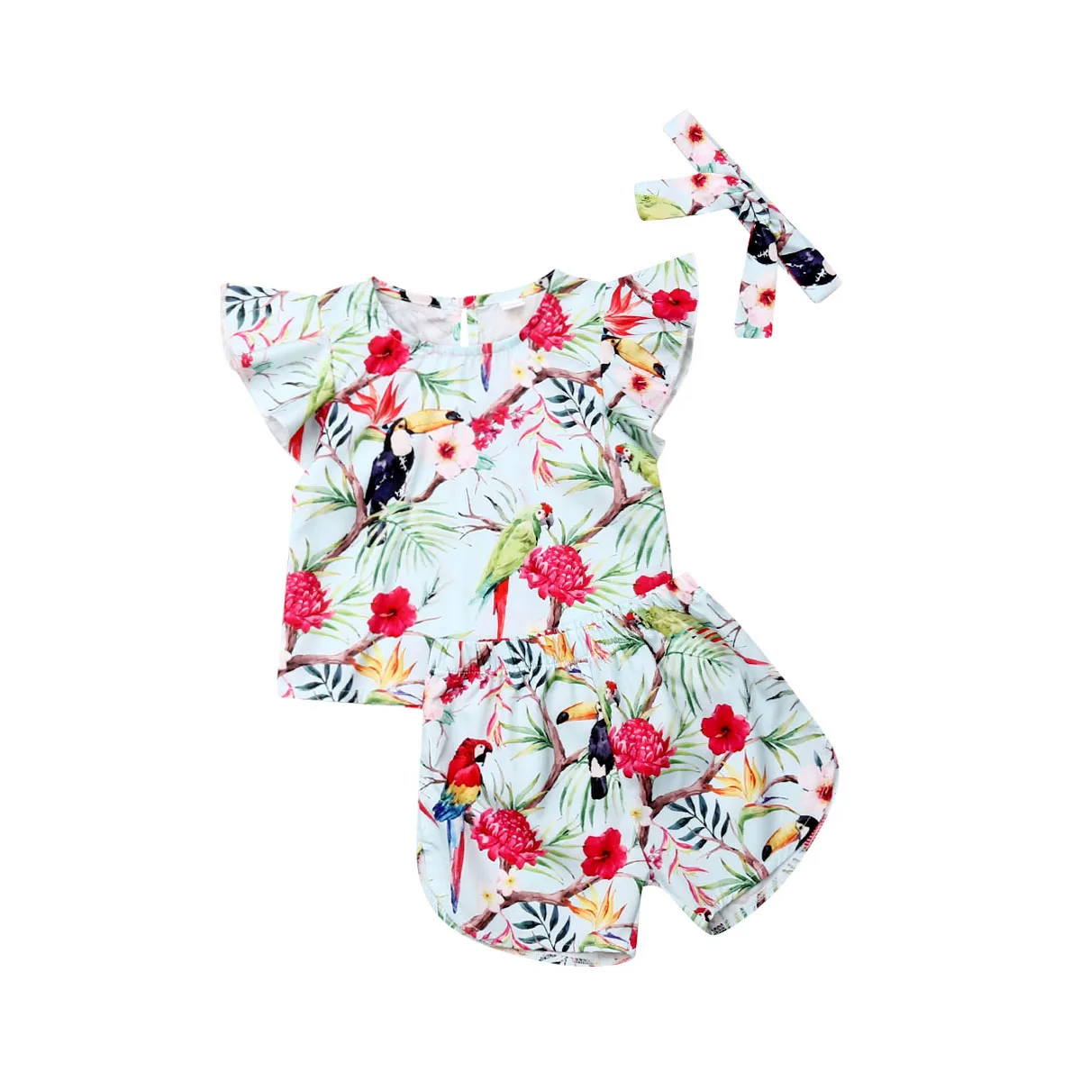 

1-6Y Summer Cute Infant Kids Baby Girls Clothes Sets Floral Print Ruffles Short Sleeve T Shirts Tops+Shorts+Headband