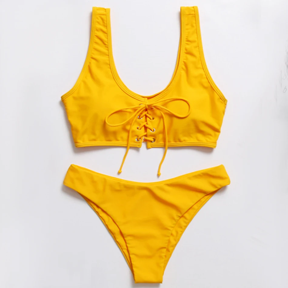 

Yellow Swimsuit Women Solid Bikini Set Push Up Bikini Tie Front Swimwear Female Brazilian Swimming Suit 2018 Halter Bathing Suit