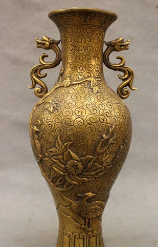 

bi003230 11" Folk Chinese Bronze Lucky Dragon Handle Bird Phoenix Statue Vases Pot Jar