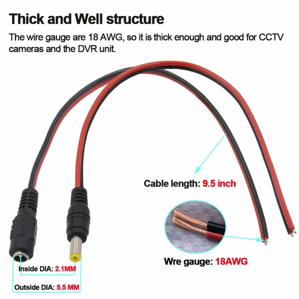 

18AWG 43x2pcs Wires] 10 Pairs DC Power Pigtail Cable, 12V 5A Male & Female Connectors for CCTV Security Camera and Lightin ST315