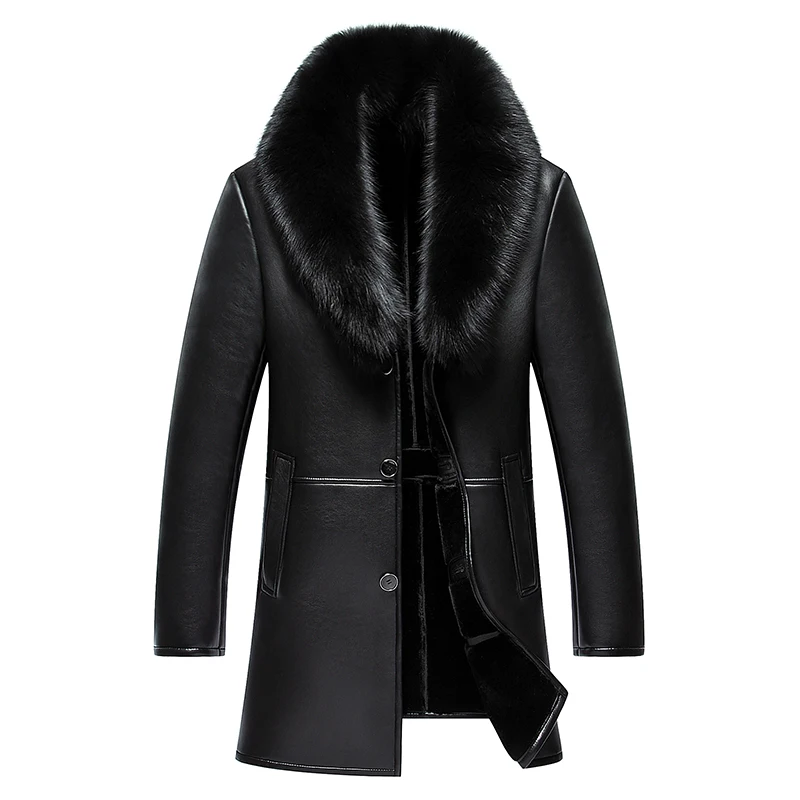 

2017 New Arrival Long Real Big Fur Collar Men's Winter Leather Jacket High Quality Thick Warm Leather Men Coat