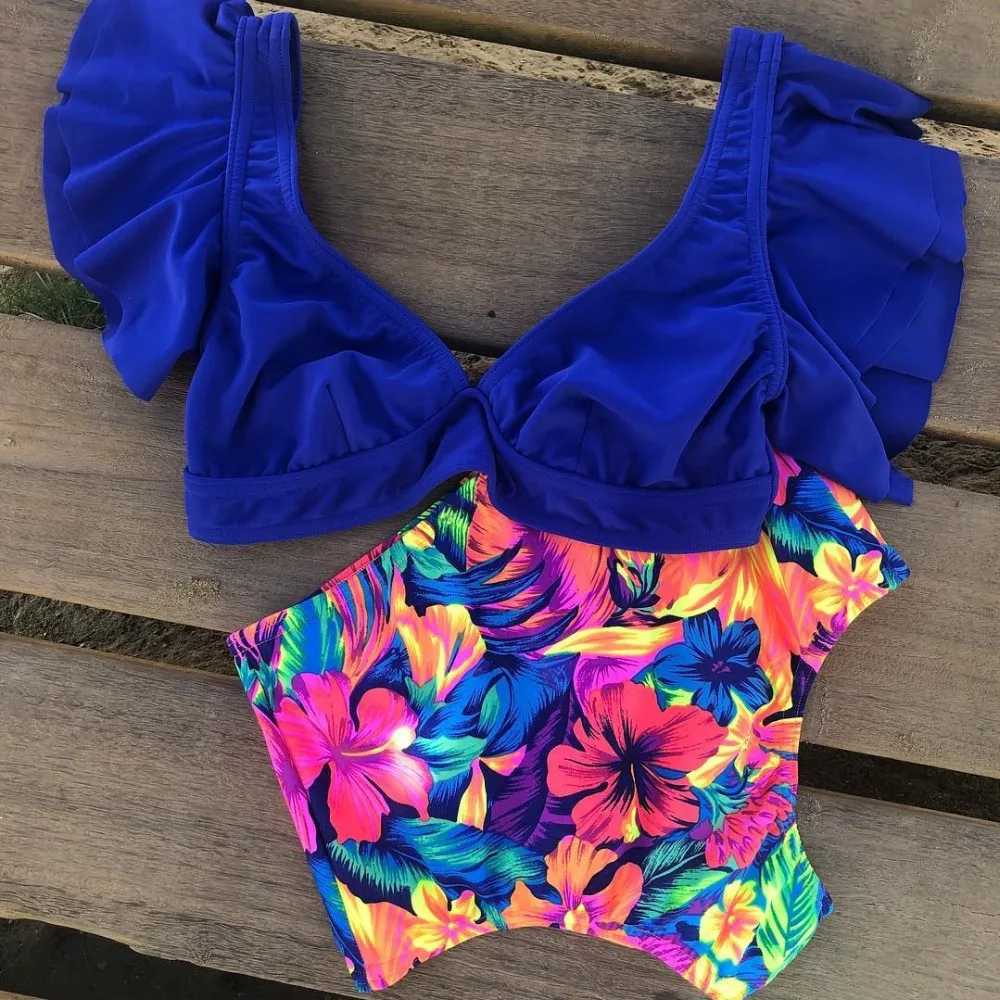 Conjunto de Bikini de dobladillo con volantes florales para mujer Flora con cuello en V de cintura alta traje de baño de dos piezas 2018 niña traje de baño de playa biquinis