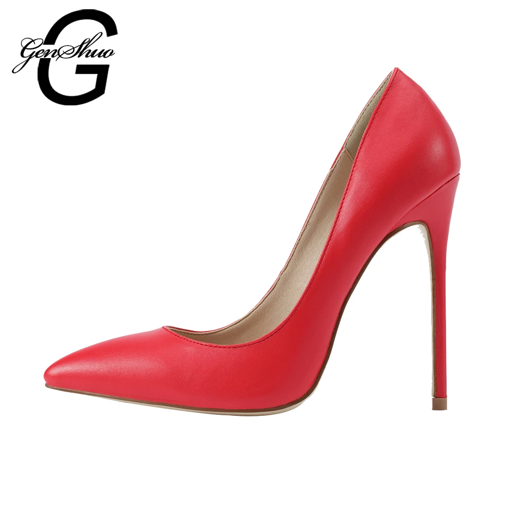 

GENSHUO High Heels Women Pumps Red Matte High Heels Ladies Pointed Toe Stiletto Faux Leather Party Shoes For Women
