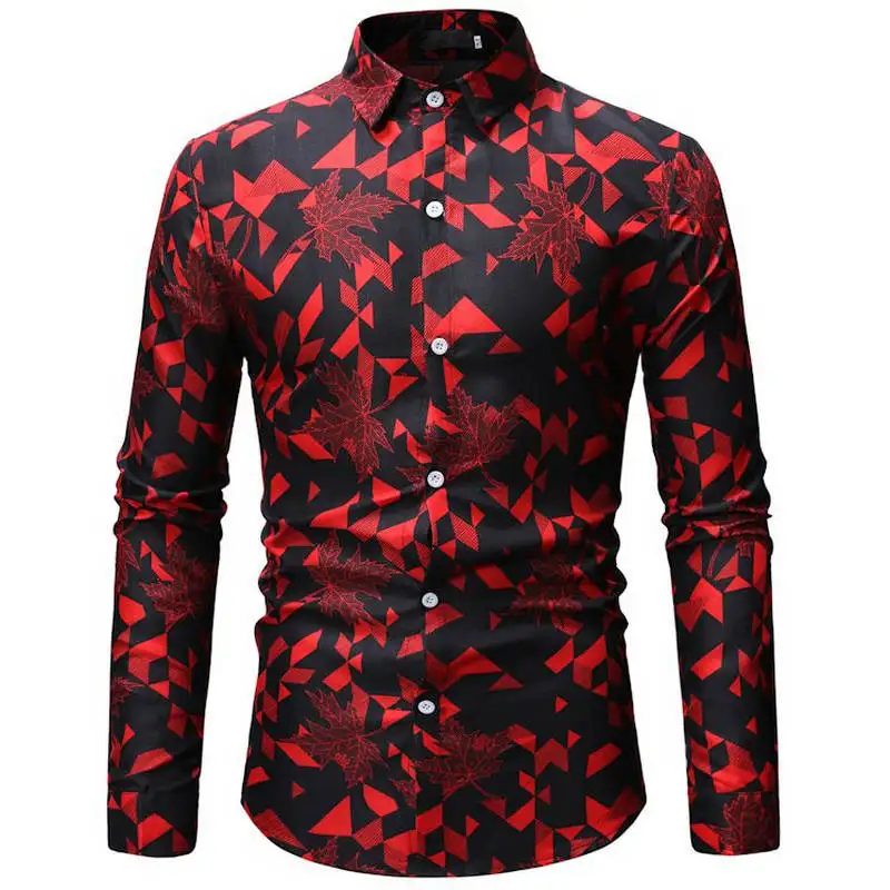 Новинка, весенне-летние мужские рубашки с цветочным принтом, приталенные мужские рубашки с этническими цветами и длинным рукавом, повседневные Модные мужские топы - Цвет: ML33 red