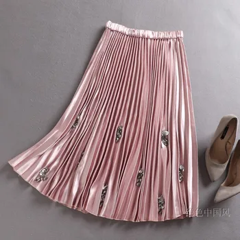 

Micosoni Metal Colo Beading Pleated Skirts 2018 Fall New Streetwear Long Organ, Half Length Velour Bust Skirt for Women Pink S-L