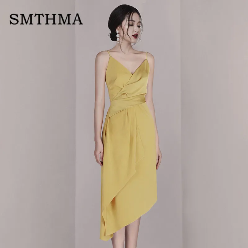 

SMTHMA Sexy V Neck Summer Dress Women Spaghetti Strap Sleeveless Backless Asymmetry Long Dresses 2019 New Fashion Lady Vestido