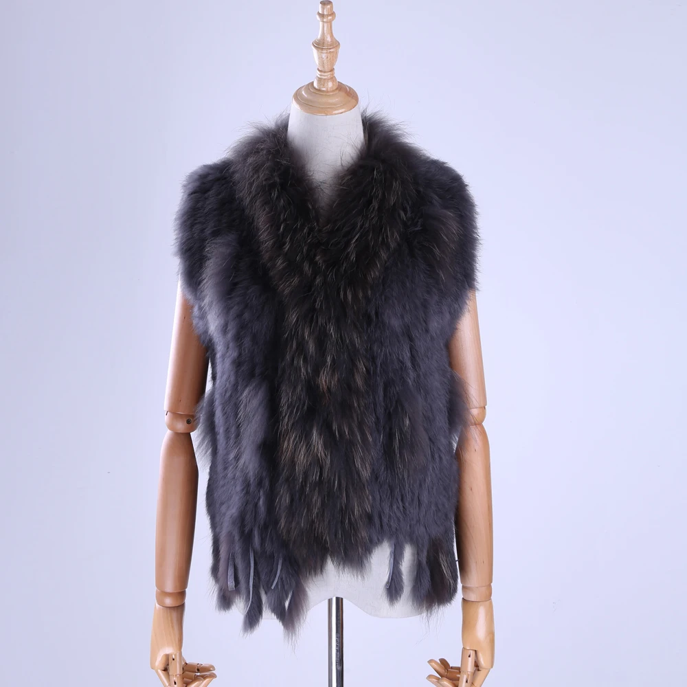 Brand New Women's Lady Genuine Real Knitted Rabbit Fur Vests tassels Raccoon Fur Trimming Collar Waistcoat Fur Sleeveless Gilet 2