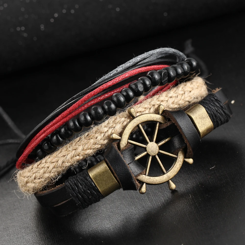 

IF ME Design 4 pcs/set Bohemian Style Bead Multilayer Leather Bracelets Bangles Vintage Punk Wristband Arm Bracelet Men Pulsera