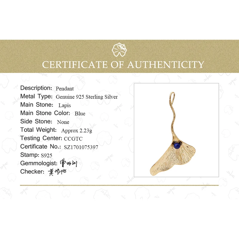 Lotus Fun Real 925 Sterling Silver Natural Lapis Handmade Fine Jewelry Ginkgo Leaf Pendant without Chain Acessorios for Women