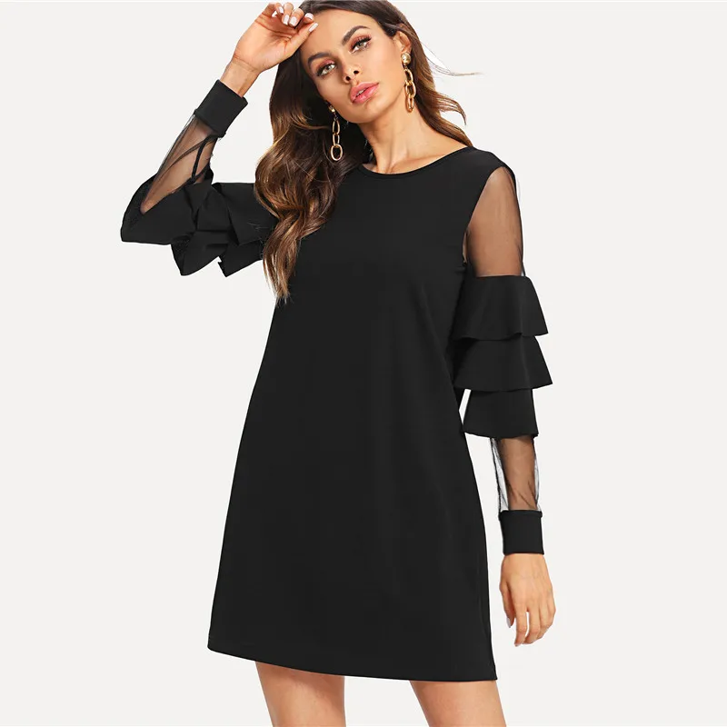 GEJIAN Ruffle Long Sleeve Black A Line Work Dresses Ladies Contrast