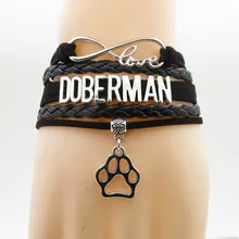 Мода Любовь браслет с надписью doberman подвеска собачья лапа собака добермана черная кожа браслеты из нержавеющей стали для мужчин и женщин, сумки для ювелирных изделий