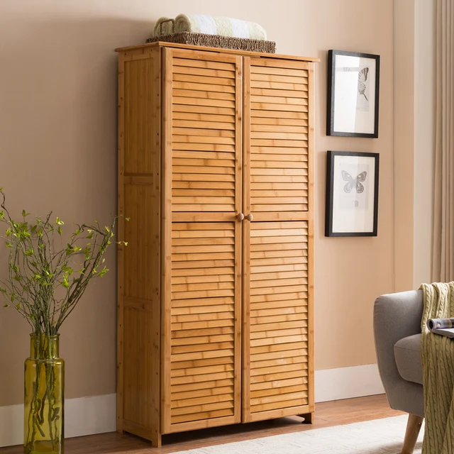 7 Tier Natural Bamboo Floor Standing Shoe With 2 Doors Multi