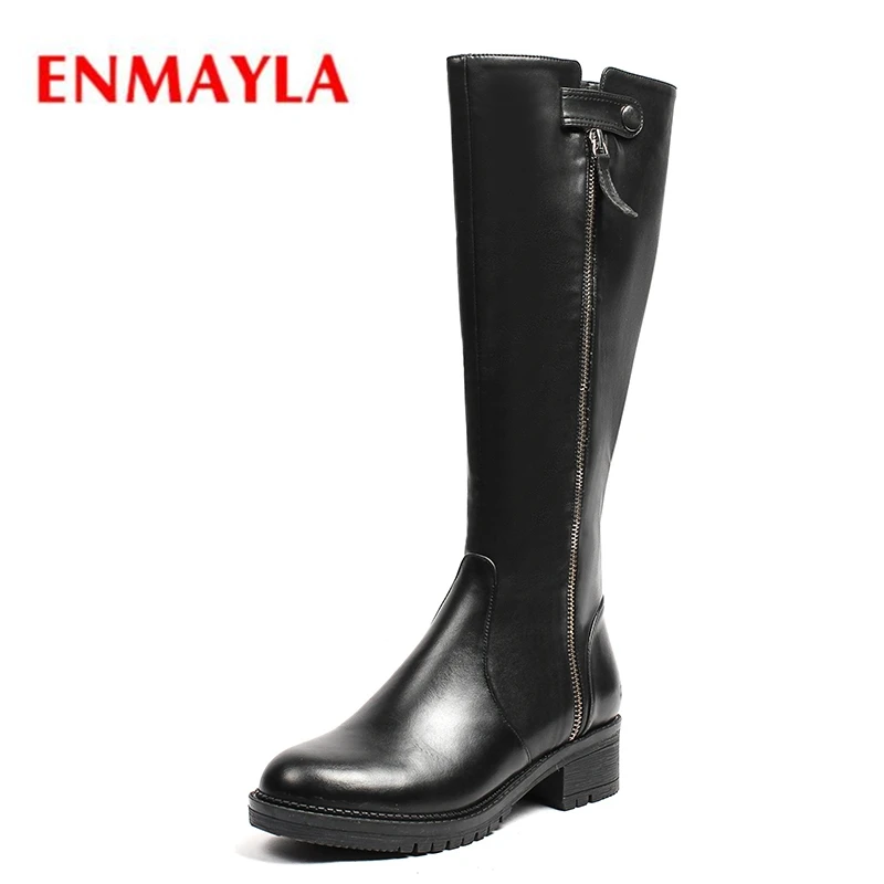 

ENMAYLA Basic Round Toe Women Knee-High Zapatos Mujer Genuine Leather Zip Black Boots Size 34-42 ZYL1393