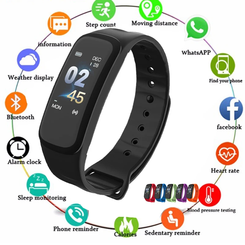 

Reloj mens C1Plus Smart Bracelet Color Screen Blood Pressure Fitness Tracker Heart Rate Monitor Smart Band Sport for Android IOS