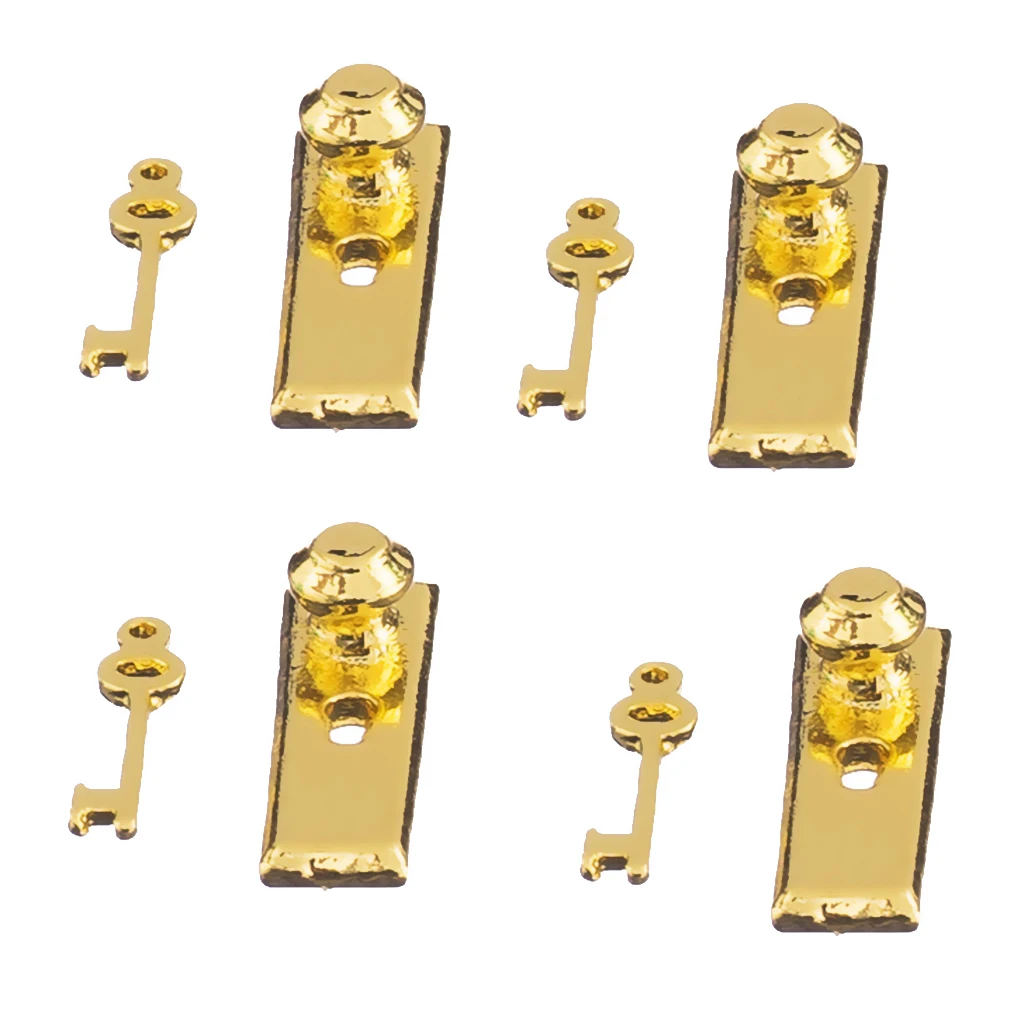 Set of 4 Metal Knob Lock & Key Set Doll House Miniature 1:12 Door Handle Accessory