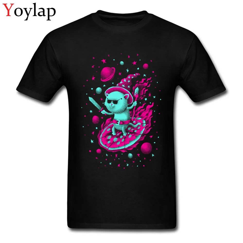 Cotton Tops Tees Cool Wizard Cat for Male Funny T-shirts Crazy Graphic Crew Neck Short Sleeve Tee Shirt Top Quality black