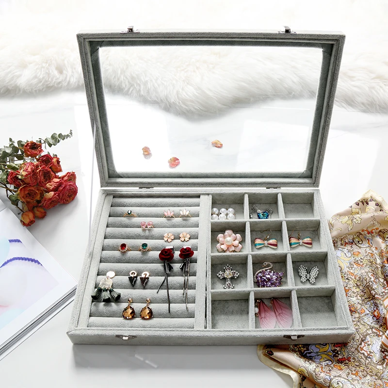 Kopen ANFEI Grey Linnen Sieraden Display Case voor Hanger Ring Collectie Showcase Lade met Glazen Deksel Winkel Organisator Sieraden A255
