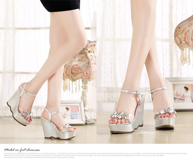 23_2016 New Gold Platform Wedges Sandals Female Summer Sandal Silver Heels Rhinestone Buckle Transparent Casual Shoes For Woman
