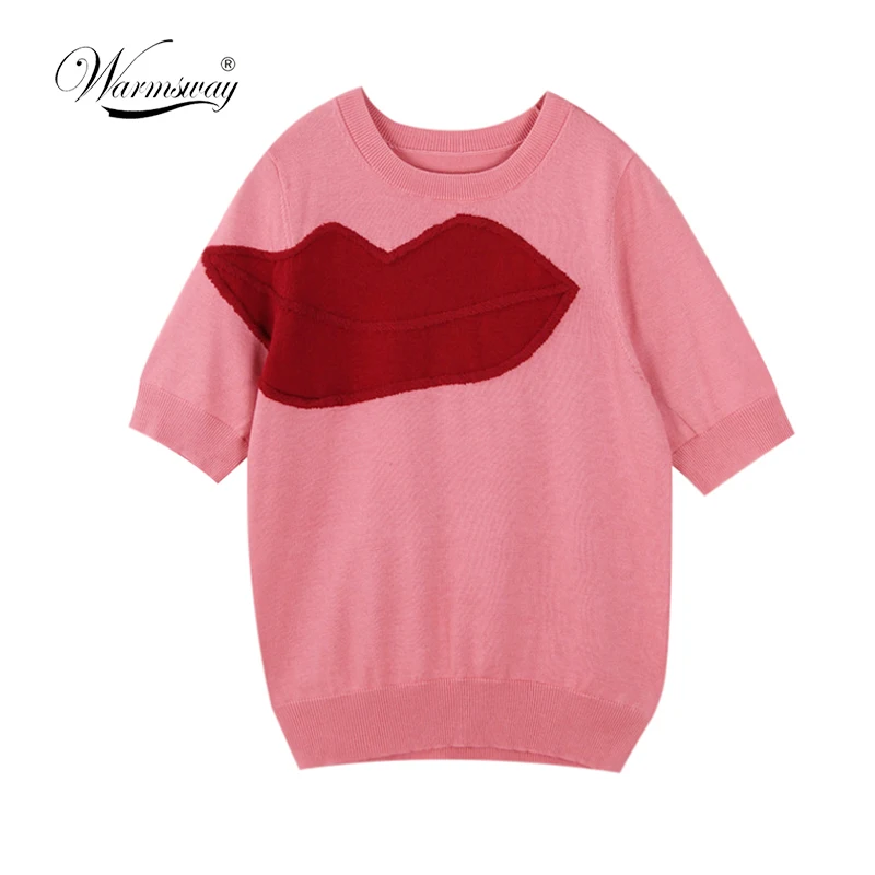 

2019 Hot Sale Fashion Summer Brand Intarsia Sweater Women Red Lips Knitted T shirt Slim Short Sleeve Tops Pullover B-030