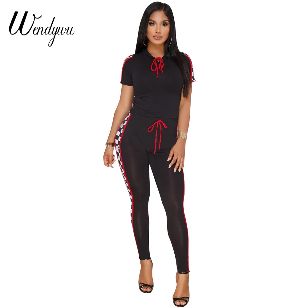 

Wendywu Two Piece Sexy Bodycon Jumpsuit Clubwear 2018 Summer Plaid Lace Up Short Sleeve Rompers Womens Jumpsuit Long Pants