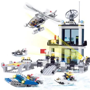 

Police Station Building Blocks Sets Model 536pcs Helicopter Speedboat Educational DIY Bricks Toys For Children