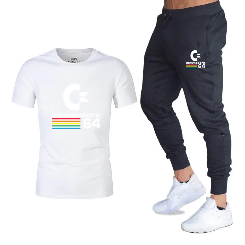 2019 Для мужчин наборы футболки + Штаны комплекты из двух предметов в стиле ретро Commodore футболки C64 Повседневное спортивный костюм мужской