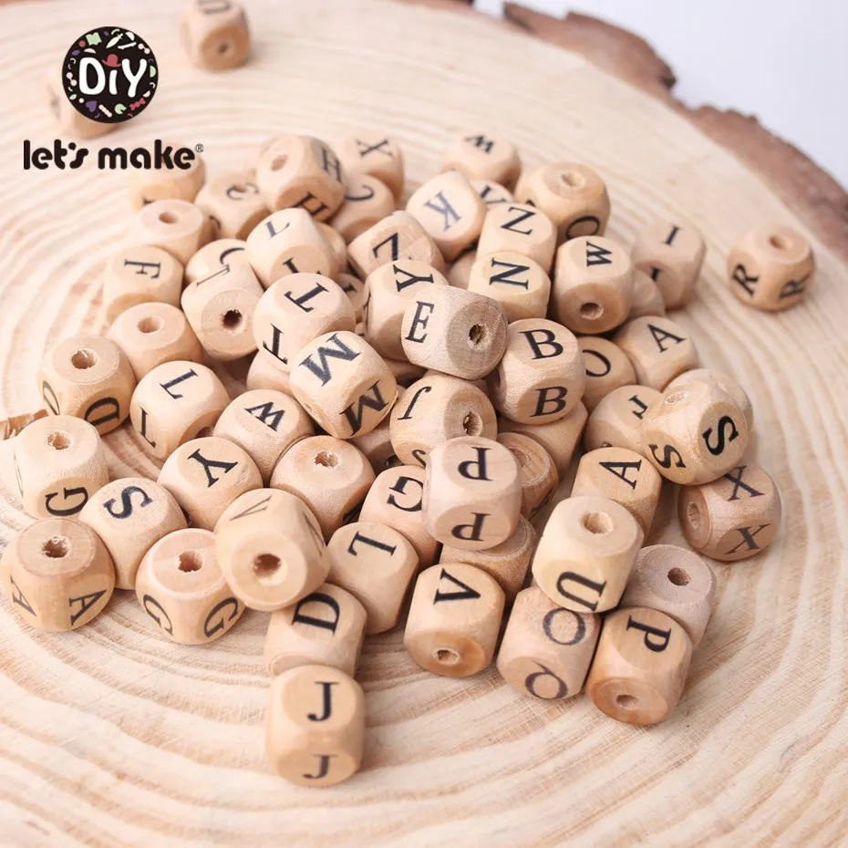 Let's Make Wooden Teether 50Pc Square Shape Beech Wood Letter Beads Diy Pacifier Chain Teether Babies Teething Bead Kid Toy