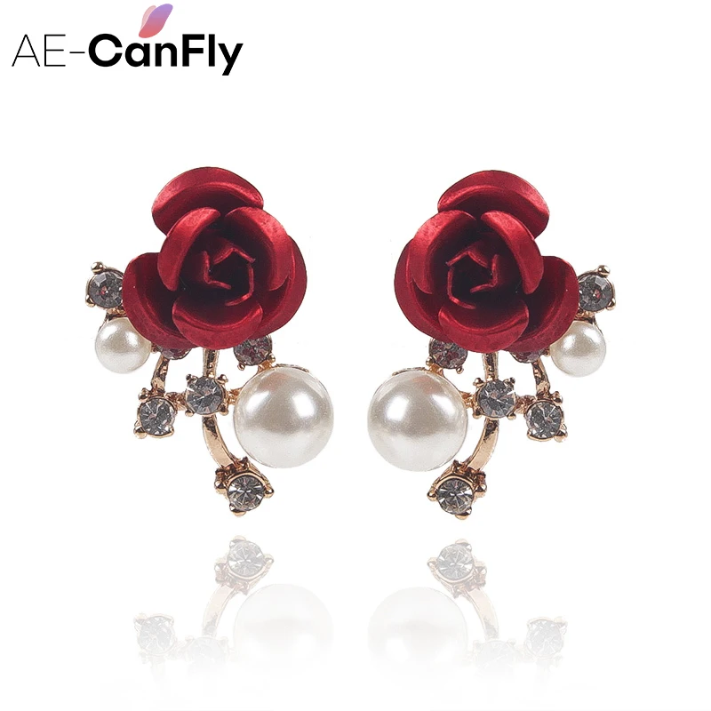 

Lady Rose Flower Stud Earrings Pearl Rhinestone Women Ear Studs Jewelry 1B5023