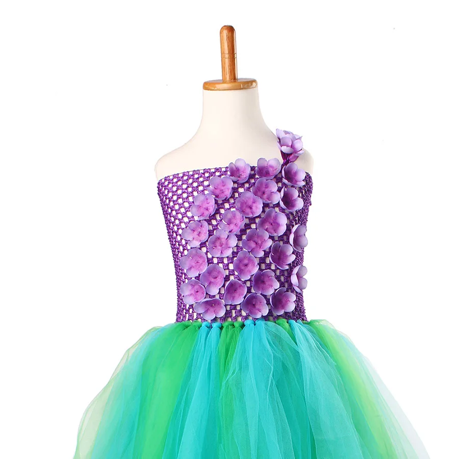Mermaid Kids Princess Tutu Dress Purple Flowers Green Tulle Baby Girls (13)