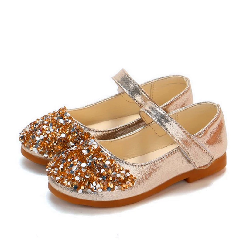 New Fashion Princess Shoes Pink Gold Silver Girls Shoes Glitter Rhinestone Sequins Kids Flats Children Wedding Party Dress