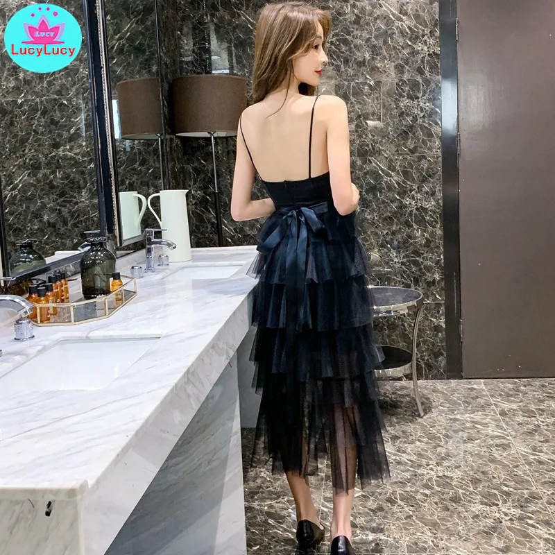 

2019 summer new Korean version of the open back bow tie mesh cake black dress Sleeveless Solid Ball Gown
