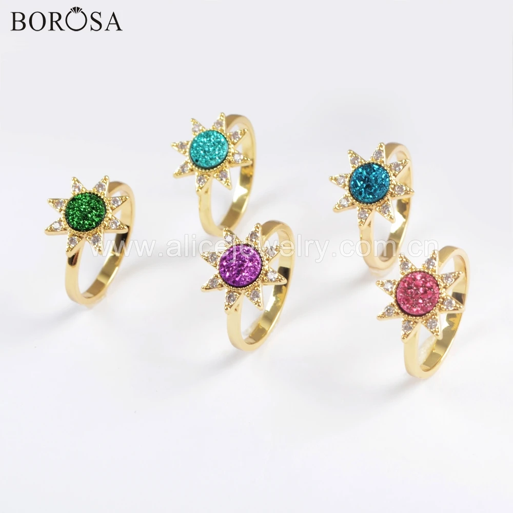 

BOROSA 5PCS Trendy Gold Bezel CZ Micro Pave Crystal Star 7mm Round Shape Mixed Colors Druzy Rings Rainbow Drusy Ring ZG0388