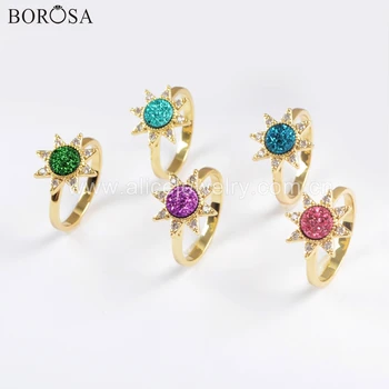 

BOROSA 5PCS Trendy Gold Bezel CZ Micro Pave Crystal Star 7mm Round Shape Mixed Colors Druzy Rings Rainbow Drusy Ring ZG0388