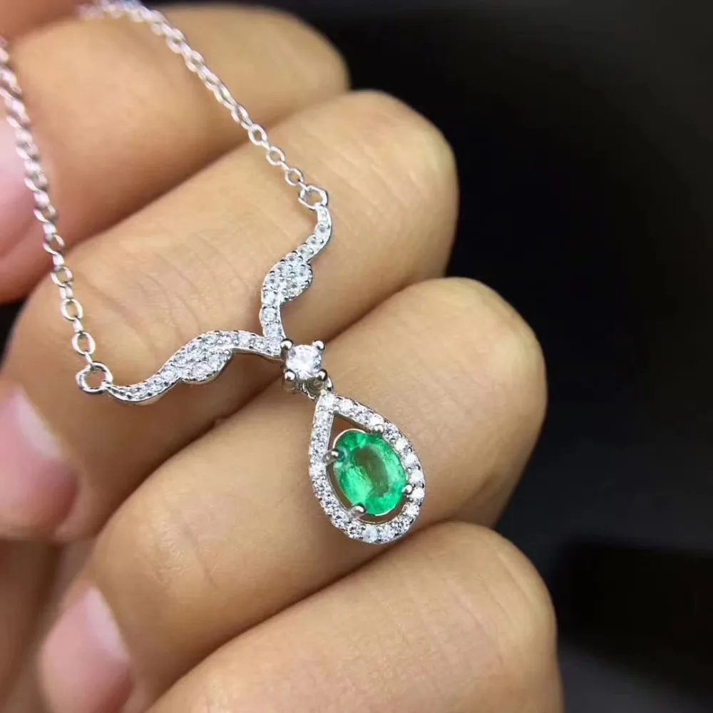 Collier pendentif émeraude verte naturelle en argent S925 pierres précieuses naturelles élégant col