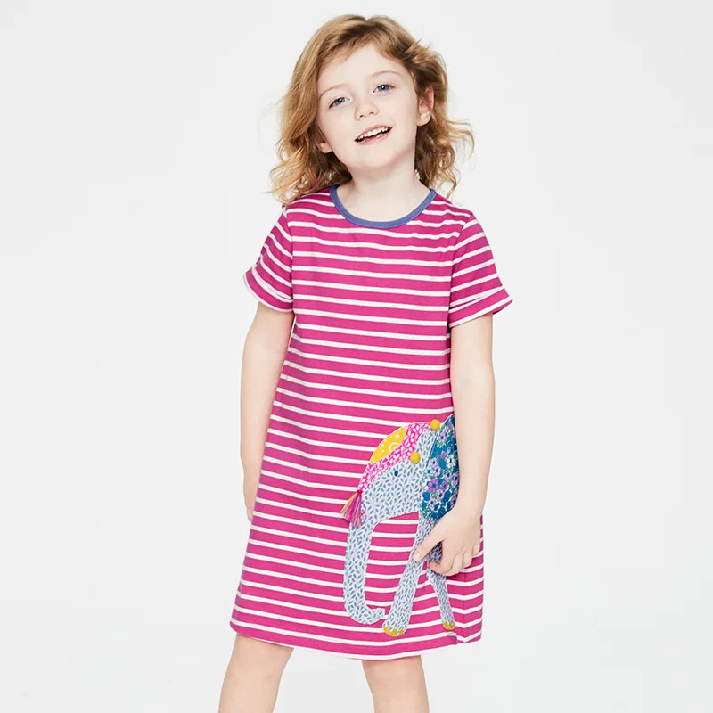 

Little maven 2019 new summer baby girls clothes brand dress kids cotton striped animal short sleeve applique elephant dresses