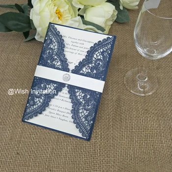 

50pcs Navy Blue Shimmy Laser Cut Invitations Cards with Diamond Belt For Wedding Bridal Shower Engagement Birthday Gradation