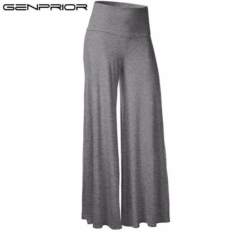 

GENPRIOR Women Mid Waist Casual Loose Trousers Lady Slim Soft Comfort Solid Summer Female Wide Leg Stretch Knitted Fabric Pants